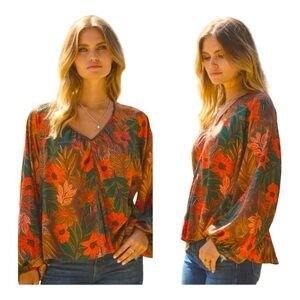 ODDY Curvy Autumn Petals Blouse, colors of orange, green and brown. Size L